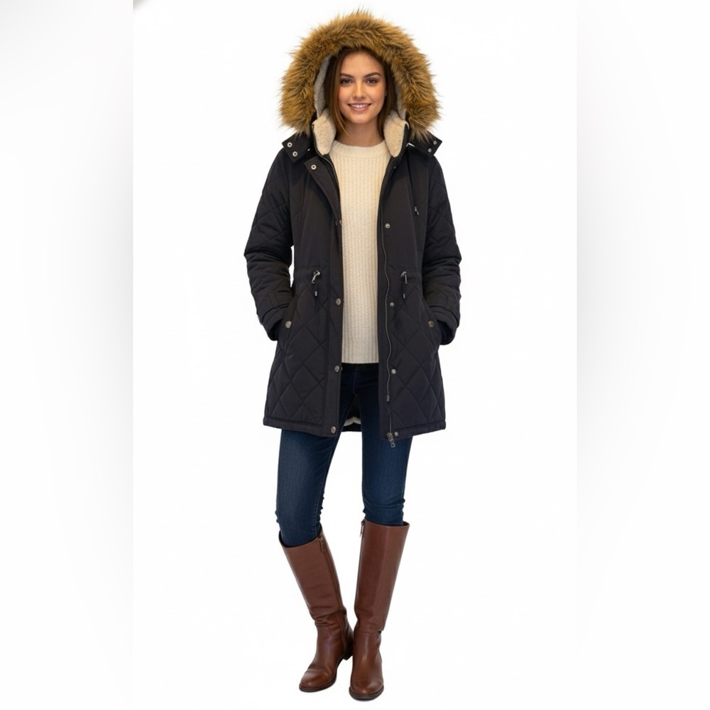 🧥 DKNY Navy Quilted Lined Parka Jacket - Medium - Detachable Faux Fur Hood